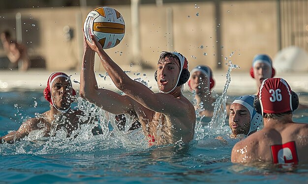 Foto un uomo in acqua con una pallavolo in mano