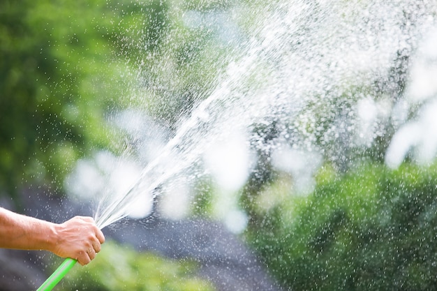 晴れた日にホースから庭に水をまく男