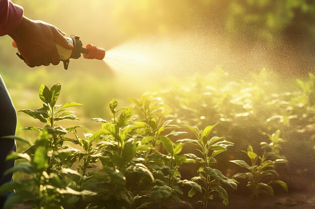 庭のホースから植物に水をやる男性