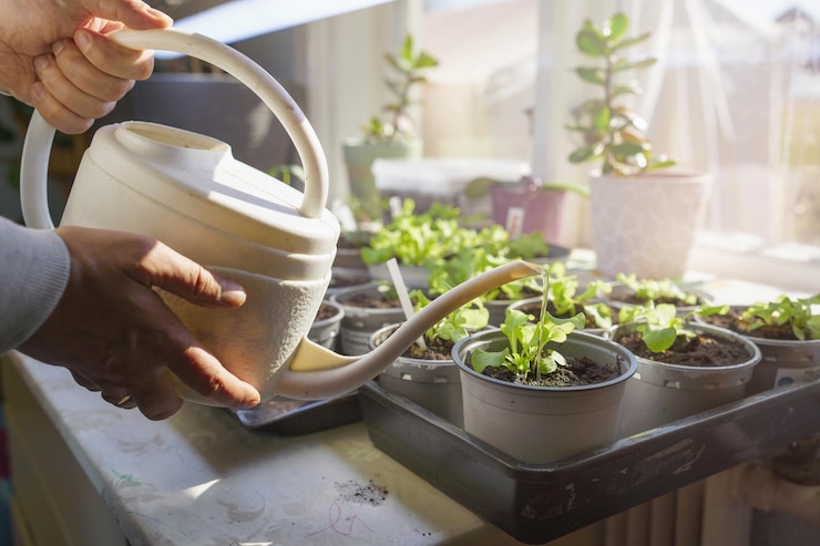 じょうろから窓辺に土が付いた鉢植えの苗に水をやる人は、自宅で鉢植えの植物に水をやることができます