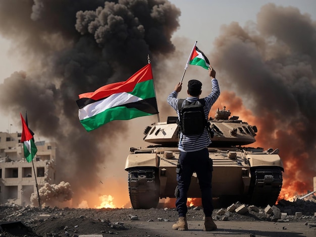 Photo a man waves a palestinian flag in front of a tank