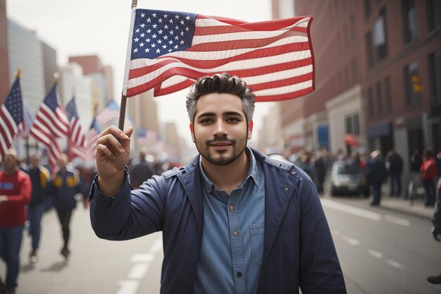 Foto uomo che sventola la bandiera americana