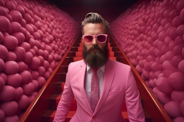 a man wear pink suit in pink world