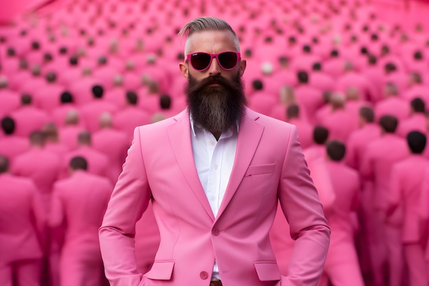 a man wear pink suit in pink world