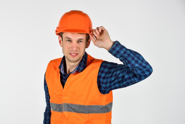 Photo man wear protective hard hat repair works engineer career concept