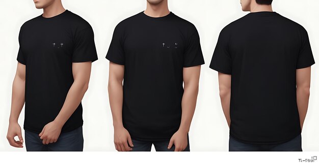 Фото Мужчина в черной повседневной футболке, вид сбоку, вид спереди макета шаблона для дизайна футболки
