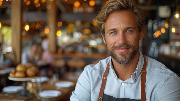 A man wearing an apron with a beard