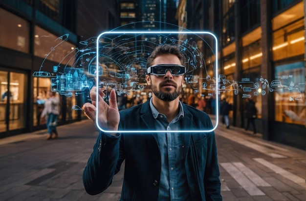 Photo man wearing augmented reality glasses