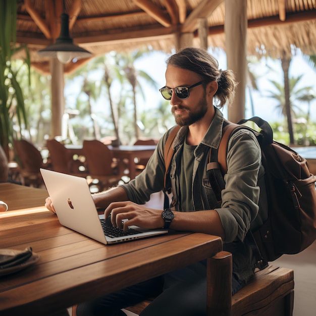 Man wearing a backpack and hiking boots using a laptop on a wooden table near a palm tree