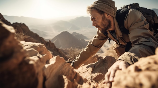 A man wearing a backpack is hiking on a mountain