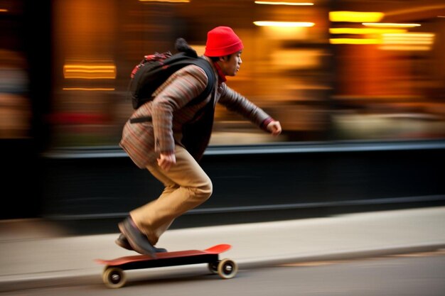 a man wearing a backpack rides a skateboard down a sidewalk