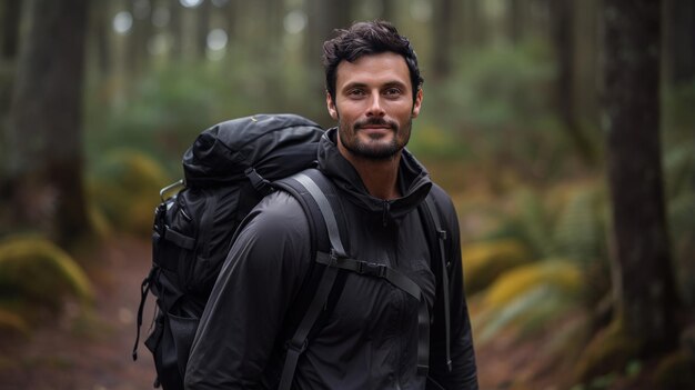 Photo man wearing backpack standing on autumn forest trail hiking alone