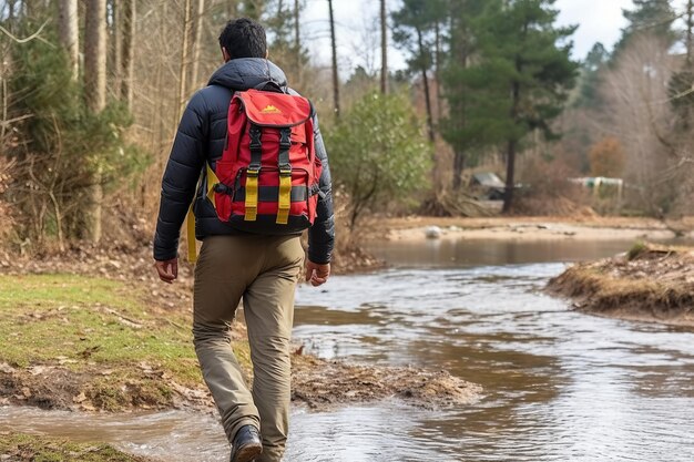 Photo a man wearing a backpack walks through a flooded forest.