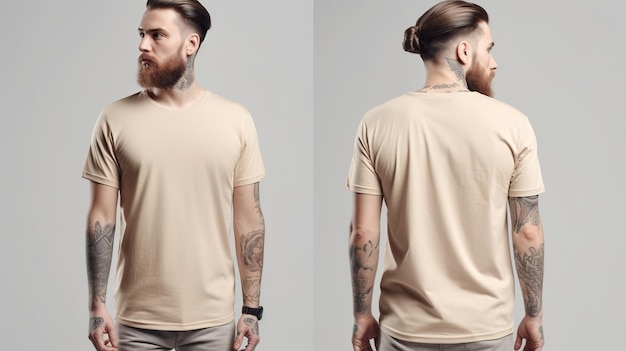 Man wearing a beige Tshirt Front and back view mockup isolated