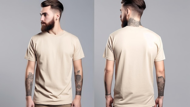 Man wearing a beige Tshirt Front and back view mockup isolated