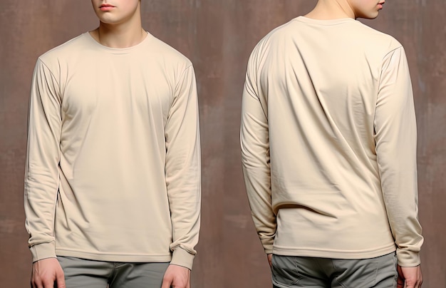 Man wearing a beige Tshirt with long sleeves Front and back view