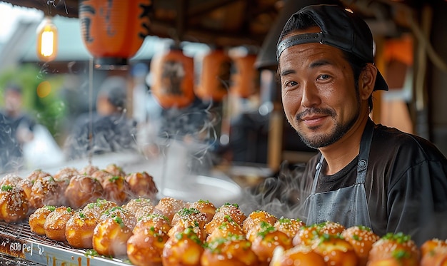 黒いエプロンを着た男性が食料のスタックの後ろにいます