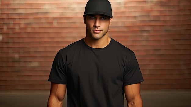 a man wearing a black blank tshirt and a matching baseball cap creating a mockup scene with ample space for showcasing your logo or design