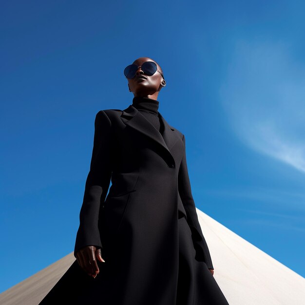 A man wearing a black cape stands in front of a building