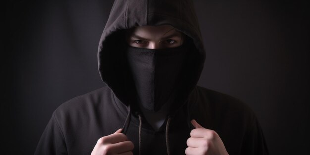 A man wearing a black hoodie and a black hoodie with the word ninja on it.