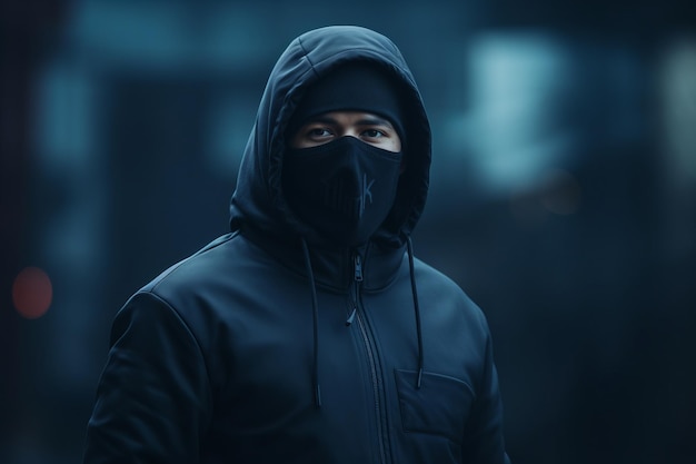 a man wearing a black hoodie and a black mask