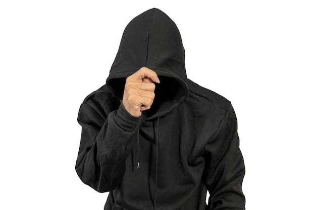 Man wearing black hoodie on white background hacker data thievesHide your face and personal information