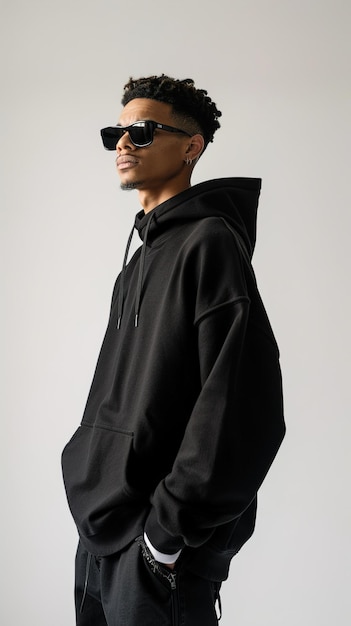 a man wearing a black hoodie with a hoodie on it