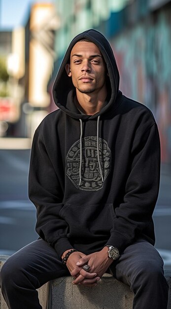 a man wearing a black hoodie with a logo on it