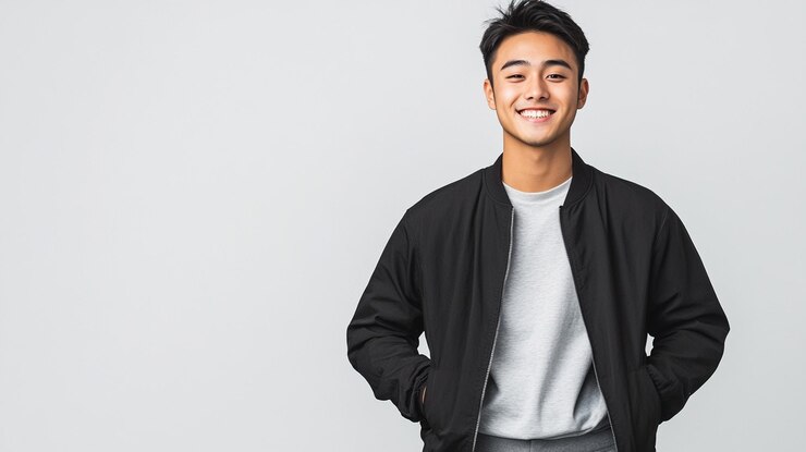 Photo a man wearing a black jacket with a gray sweater on