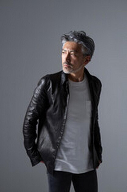 a man wearing a black leather jacket and a white shirt