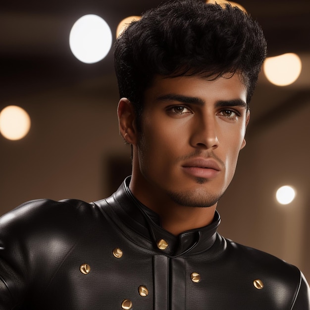 A man wearing a black leather jacket with gold buttons on it.