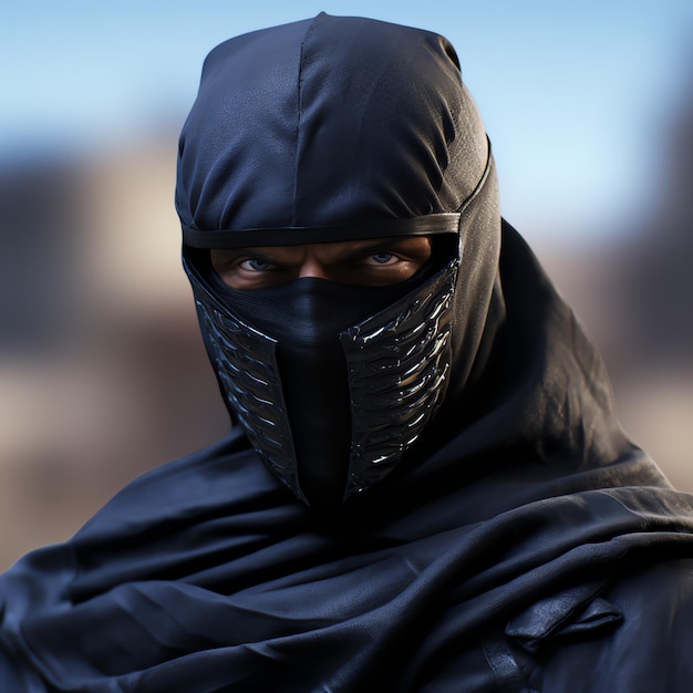 Foto un uomo che indossa una maschera ninja nera