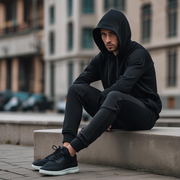 Photo man wearing black pullover hoodie sitting on the high top