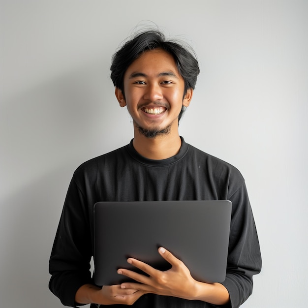 a man wearing a black shirt holding a laptop