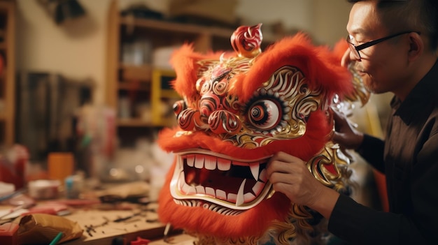 Man Wearing Black Shirt and Red Dragon Mask for a Dramatic Look at a Costume Party Chinese new year