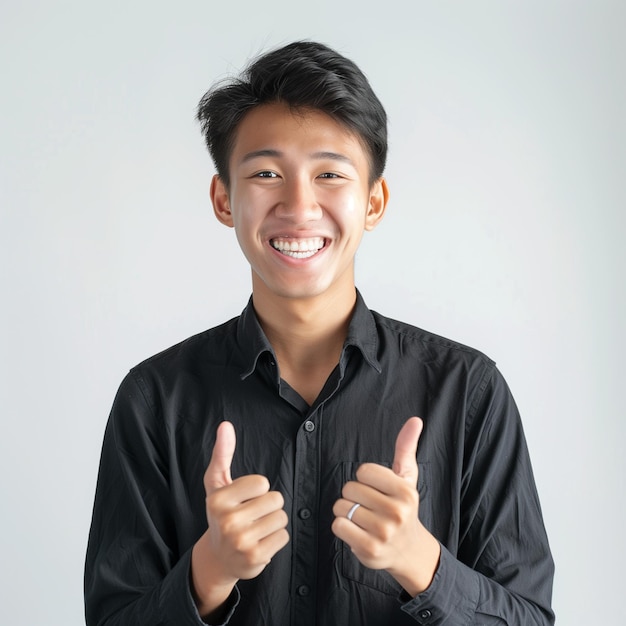 Photo a man wearing a black shirt thumbs up