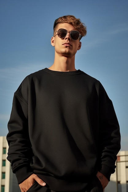 A man wearing a black shirt with a black shirt on and sunglasses.