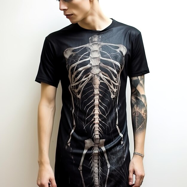 Photo a man wearing a black shirt with a skeleton on the front