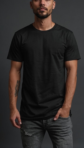 Photo a man wearing a black shirt with a tattoo on the left arm