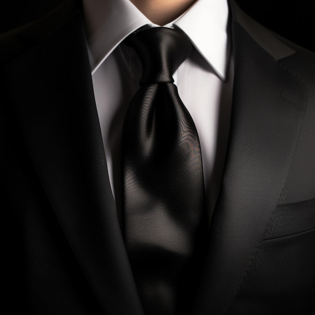 A man wearing a black suit and a black tie.