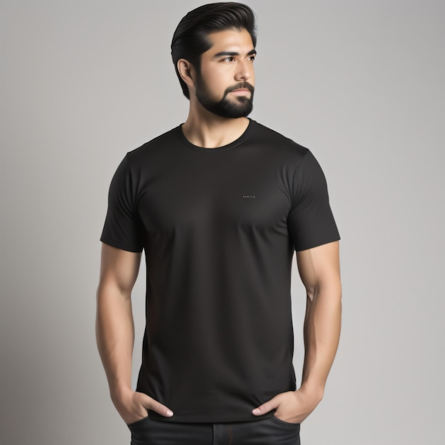 a man wearing black t shirt plain with white background