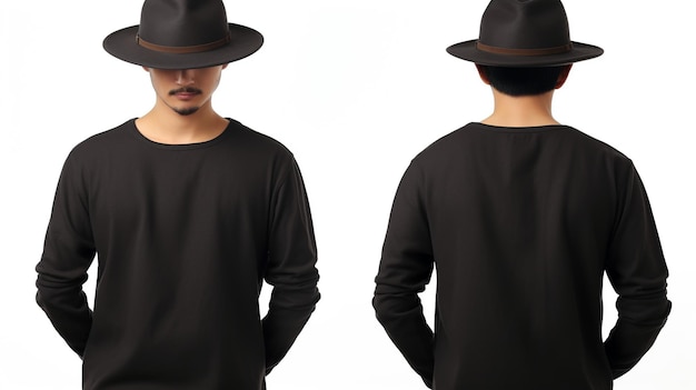 Man wearing a black Tshirt with long sleeves Front and back view shirt mockup on white background