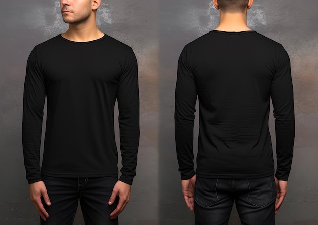 Photo man wearing a black tshirt with long sleeves front and back view