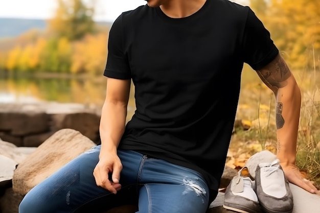 Man wearing blank Black T shirt Fall Black shirt mockup AI Generated