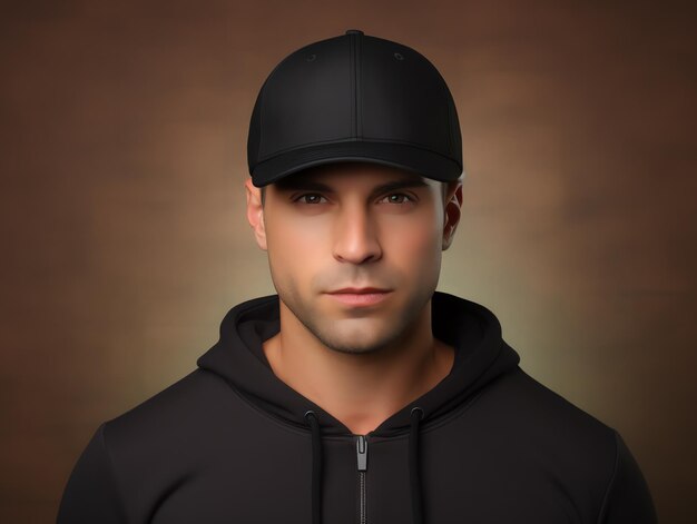 A man wearing blank empty black cap mockup for design template