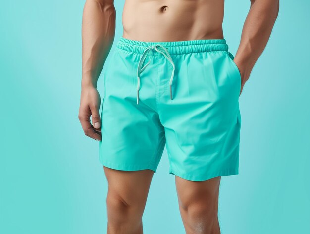 A man wearing blank green swimming trunks shorts mockup isolating on green background for summer sport vacation