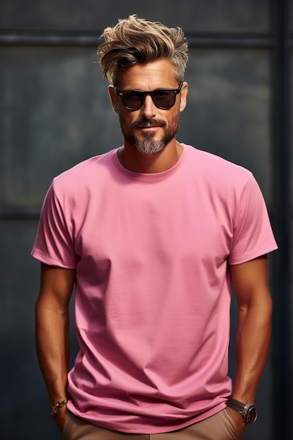 a man wearing blank pink t shirt mockup photo realistic