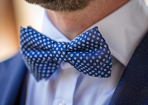 a man wearing a blue bow tie with white dots and a blue bow tie