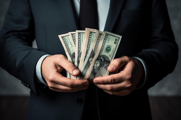 写真 青いビジネススーツを着た男性がオーストラリアドルの紙幣を握っています 隔離された灰色の背景 金融