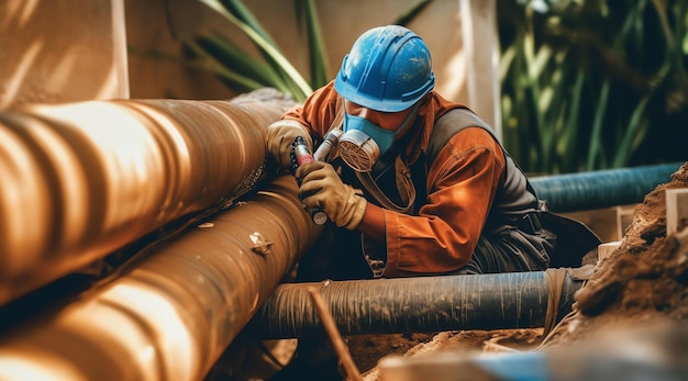 A man wearing a blue hard hat and a blue hard hat is working on a pipe